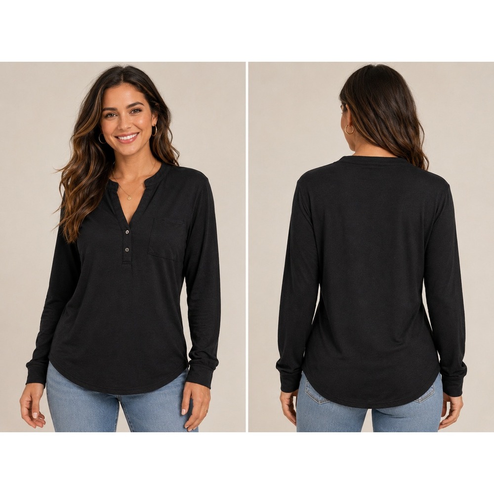 James Perse Black Cotton Modal Henley Long Sleeve Top WSVH3415CU Size 2